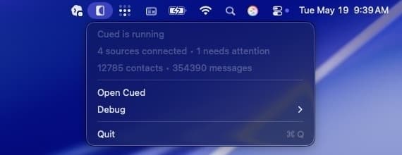 Cued running from the macOS menu bar with sync status and actions.
