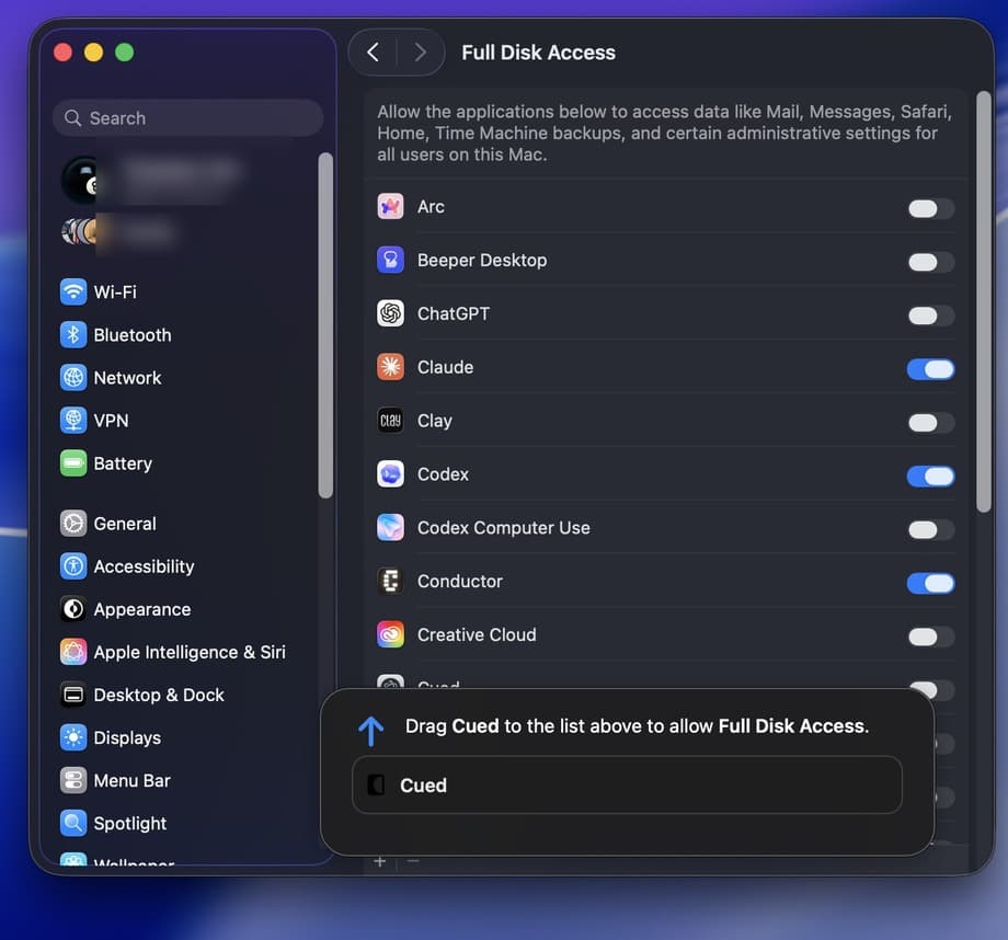 macOS Full Disk Access settings showing the native permission boundary for Cued.