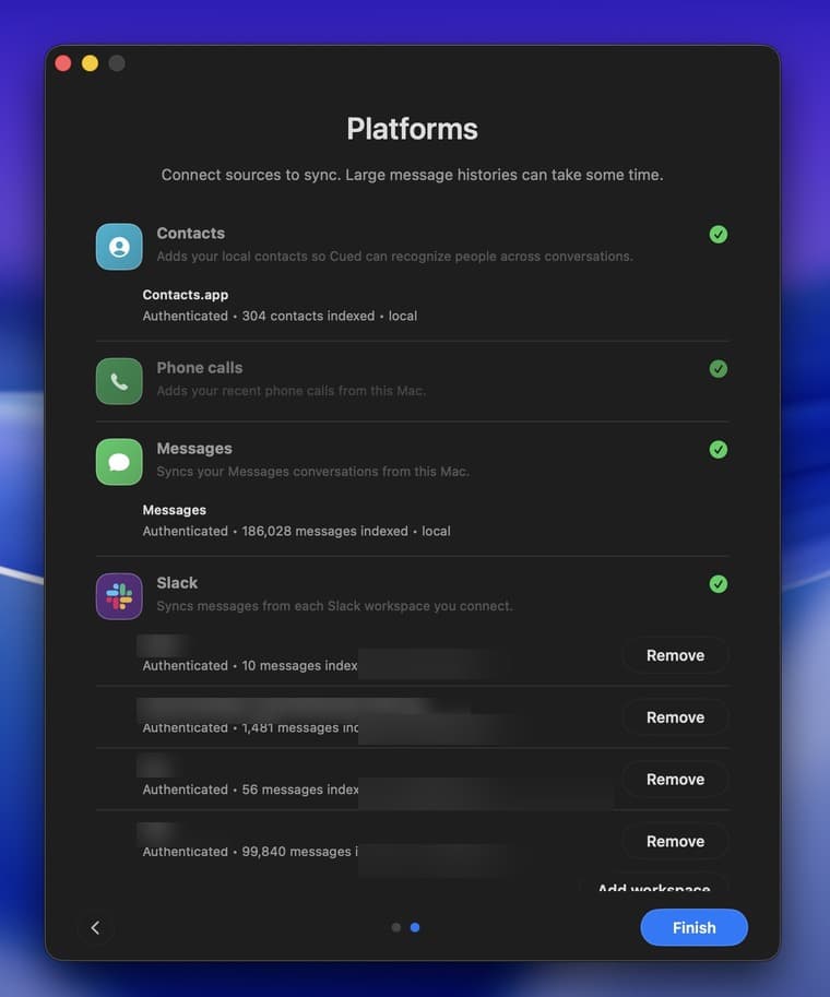 Cued platform onboarding screen showing Contacts, Phone calls, Messages, and Slack connected locally.